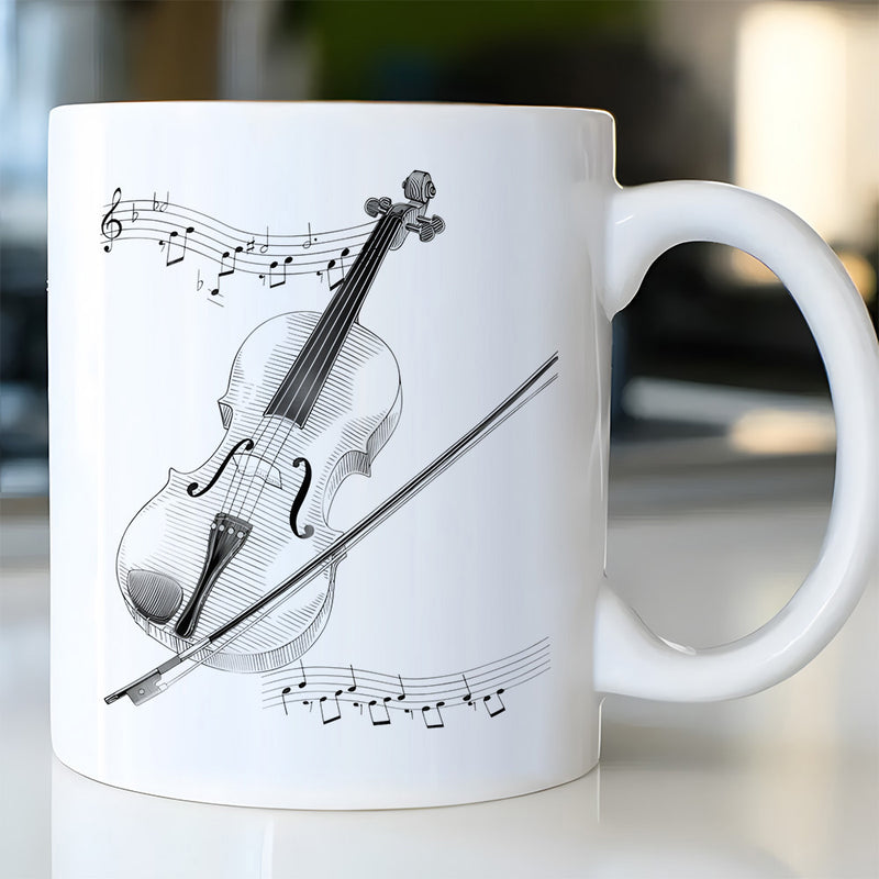Tailorly White Ceramic 11 oz Mug - Elegant Musical Instrument With Bow Resting Across Flowing Notes And Staff Violin