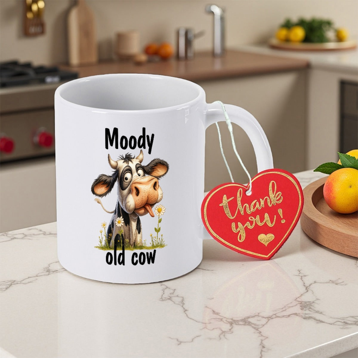 Tailorly White Ceramic 11 oz Mug - Moody Old Cow Cartoonish Quirky Farm Animal With Big Eyes Standing In Green Grass Cow