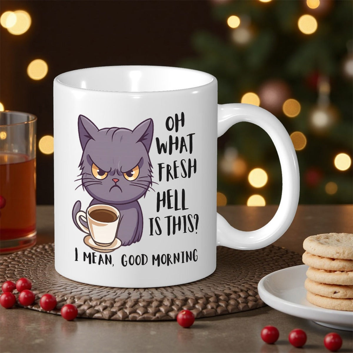 Tailorly White Ceramic 11 oz Mug - Oh What Fresh Hell Is This I Mean Good Morning Grumpy Purple Cartoon Cat Holding A Small Cup Of Steaming Coffee Cat