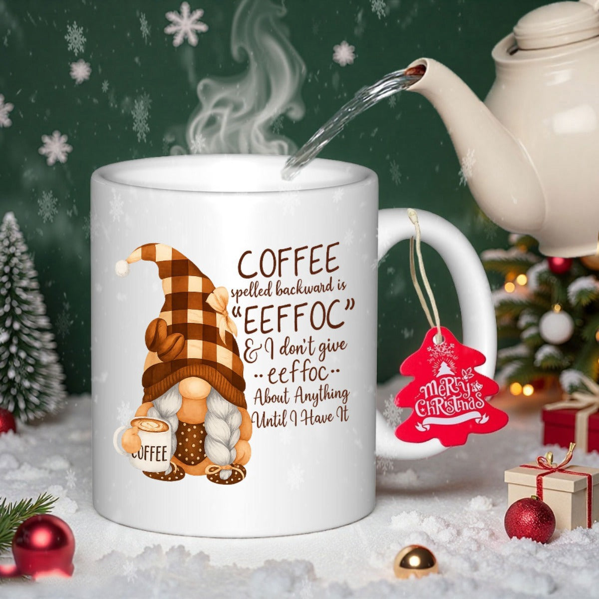 Tailorly White Ceramic 11 oz Mug - Coffee Eeffoc Rustic Plaid Hat Holding Steaming Tiny Cup Of Coffee Gnome