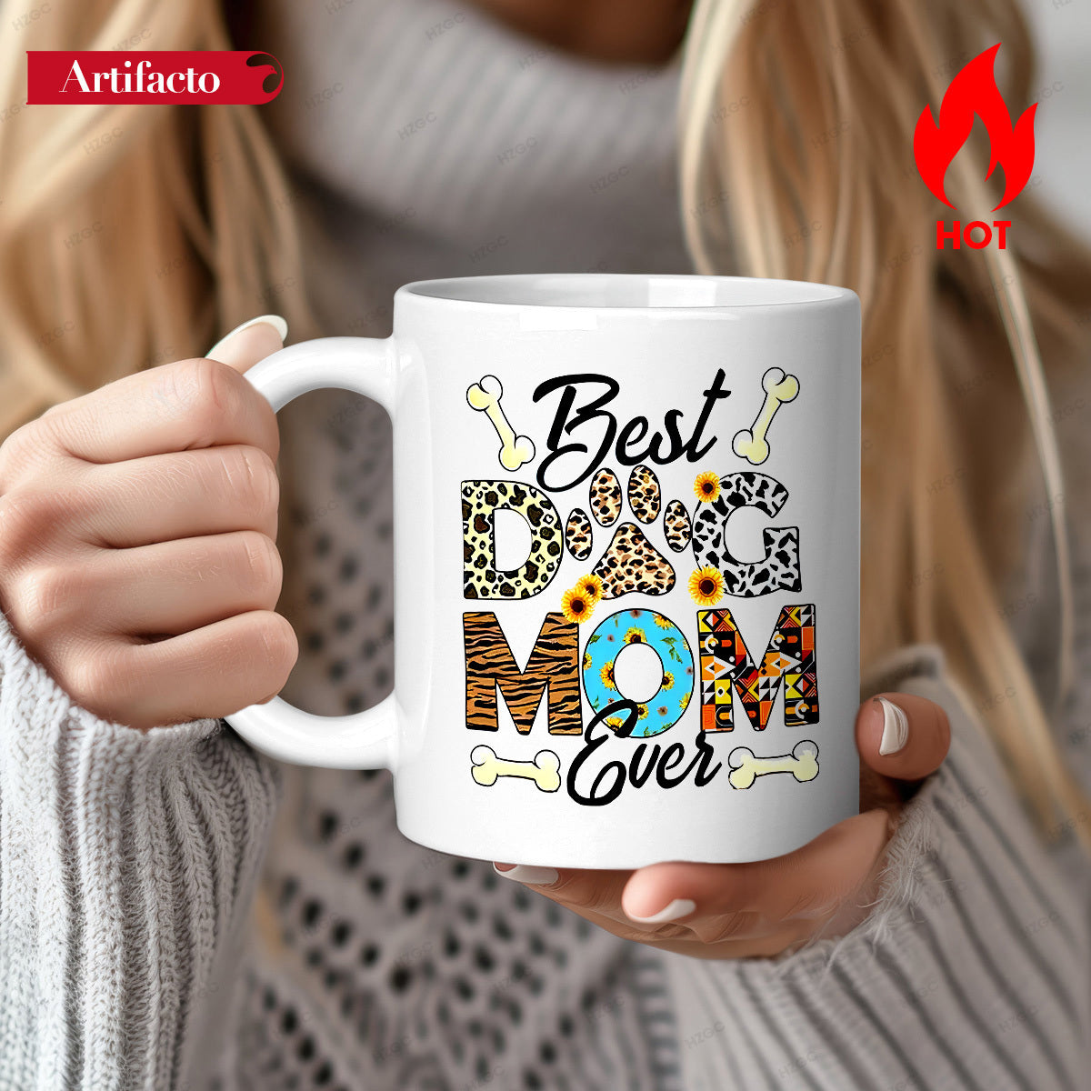 Tailorly White Ceramic 11 oz Mug - Best Dog Mom Ever Vibrant Animal Print Text Featuring Sunflowers And Tiny Bone Symbols Dog