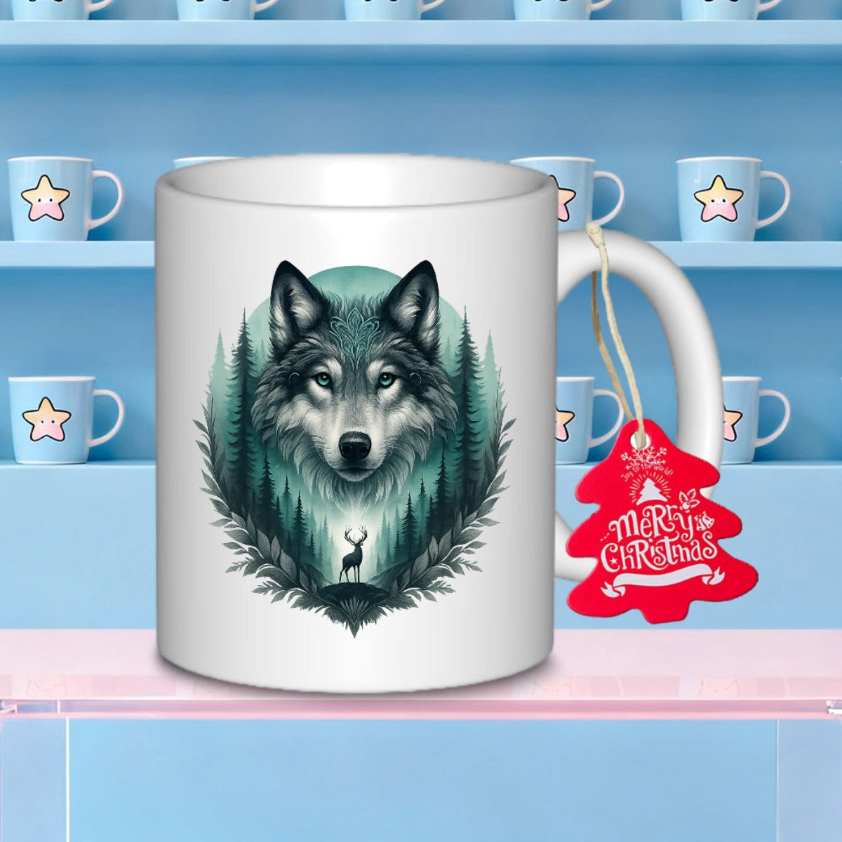 Tailorly White Ceramic 11 oz Mug - Merry Christmas Majestic Wild Animal Amidst Dense Coniferous Forest With Tiny Deer Silhouette Wolf
