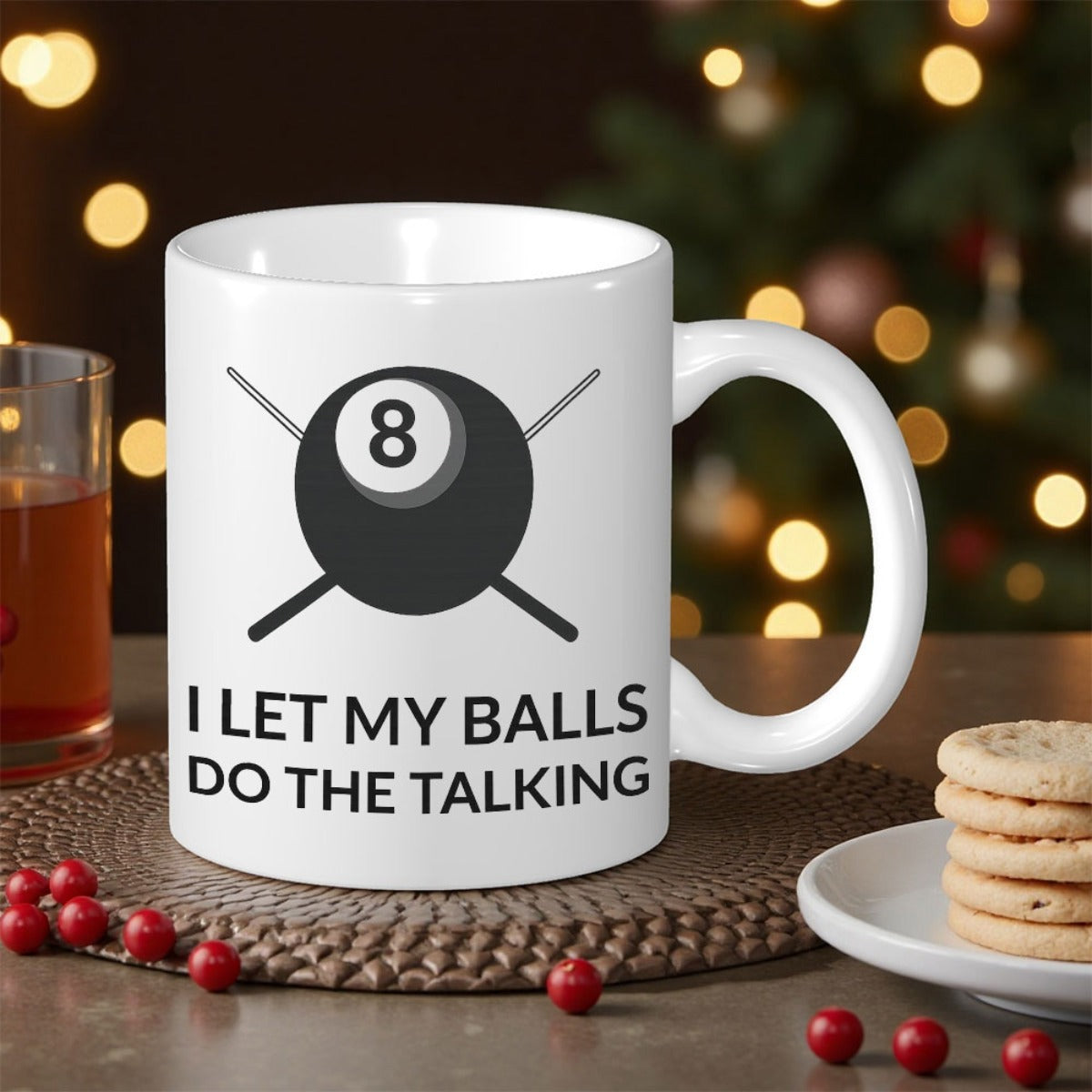 Tailorly White Ceramic 11 oz Mug - I Let My Balls Do The Talking Black Eight Ball Crossed With Two Gray Billiard Cues Billiard Ball