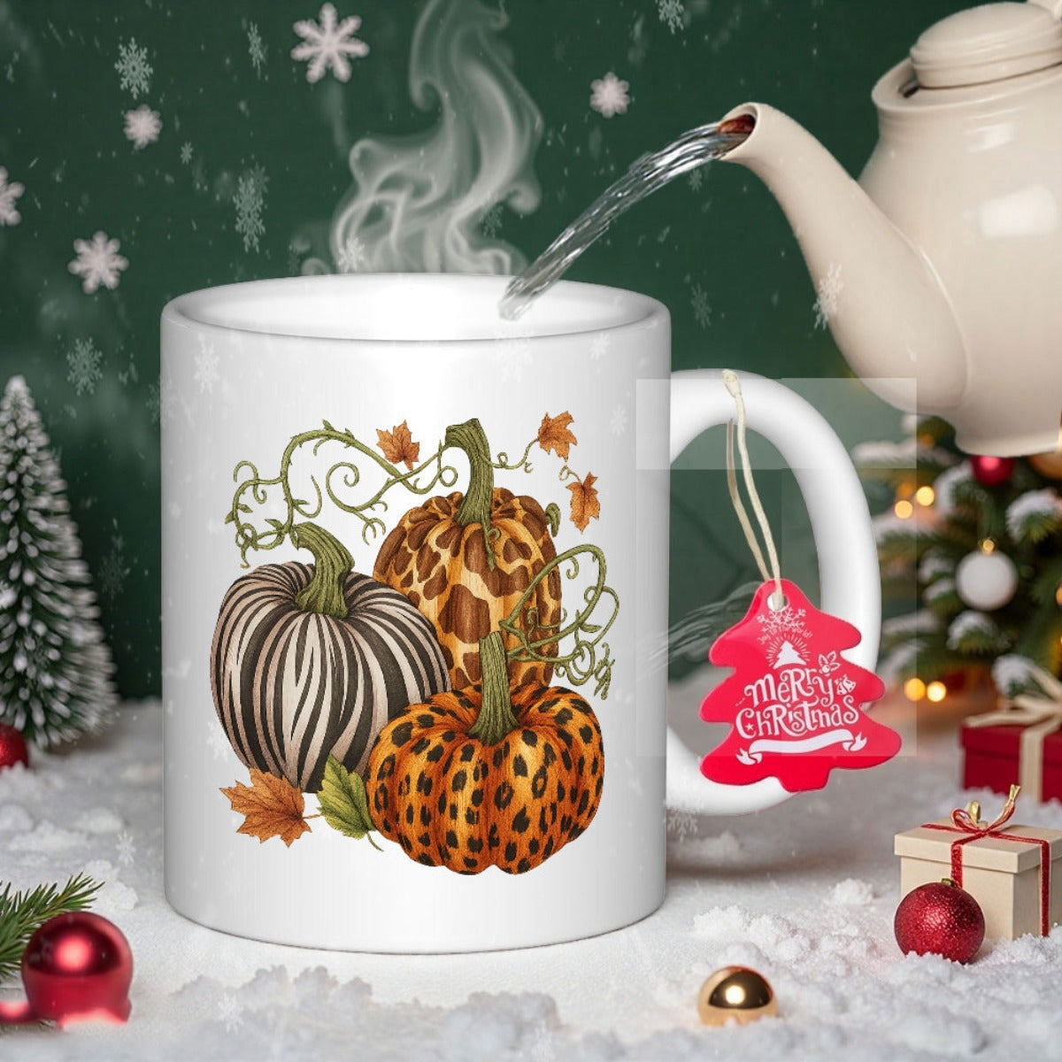 Tailorly White Ceramic 11 oz Mug - Artistic Animal Print Pumpkins With Falling Autumn Leaves And Green Vines Pumpkin