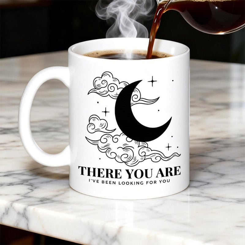 Tailorly White Ceramic 11 oz Mug - There You Are I've Been Looking For You Minimalist Silhouette Floating Among Celestial Hand Drawn Clouds And Shining Stars Moon