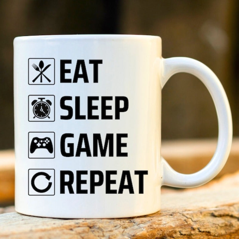 Tailorly White Ceramic 11 oz Mug - Eat Sleep Game Repeat Minimalist Line Art Icons For Daily Routine Of A Gamer Controller