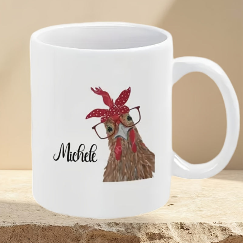 Tailorly White Ceramic 11 oz Mug - Michele Rustic Farmhouse Style Brown Hen Wearing Red Polka Dot Bandana Chicken