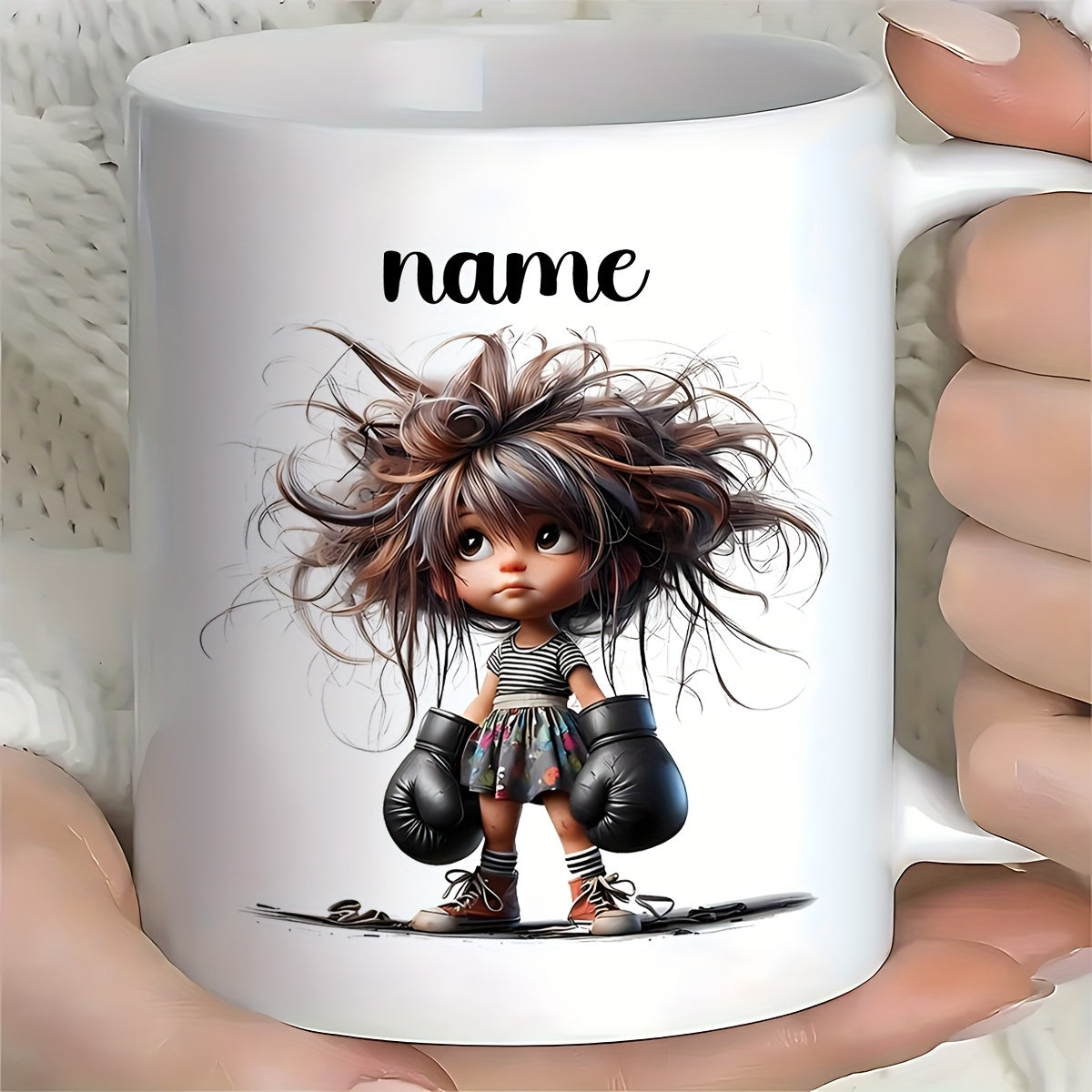 Tailorly White Ceramic 11 oz Mug - Name Little Girl Wearing Oversized Boxing Gloves With Wild Messy Hair Girl