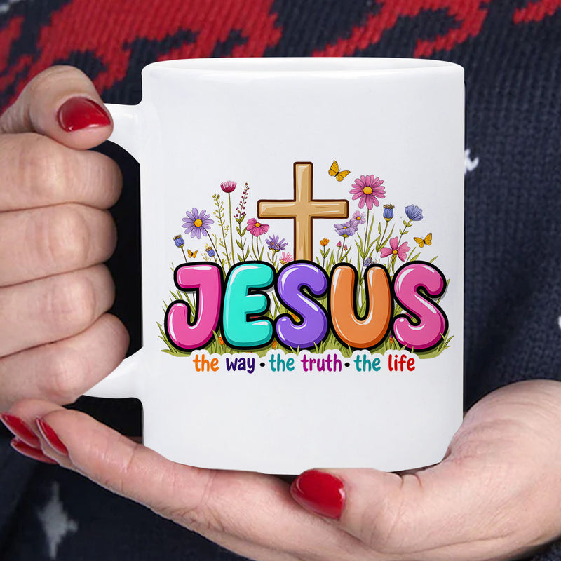 Tailorly White Ceramic 11 oz Mug - Jesus The Way The Truth The Life Blooming Garden With Colorful Flowers And Butterflies Under A Radiant Wooden Cross