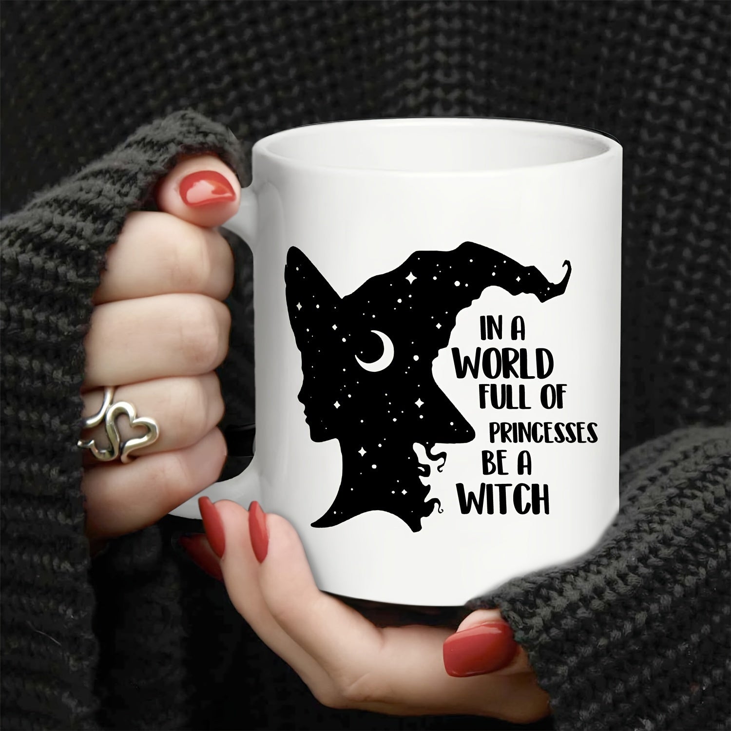 Tailorly White Ceramic 11 oz Mug - In A World Full Of Princesses Be A Witch Mystical Silhouette Filled With Twinkling Stars And A Crescent Moon Witch