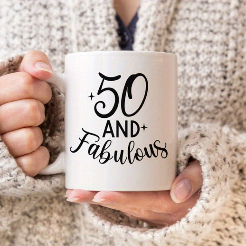 Tailorly White Ceramic 11 oz Mug - 50 And Fabulous Bold Black Artistic Numbers Surrounded By Delicate Small Twinkling Stars Mug