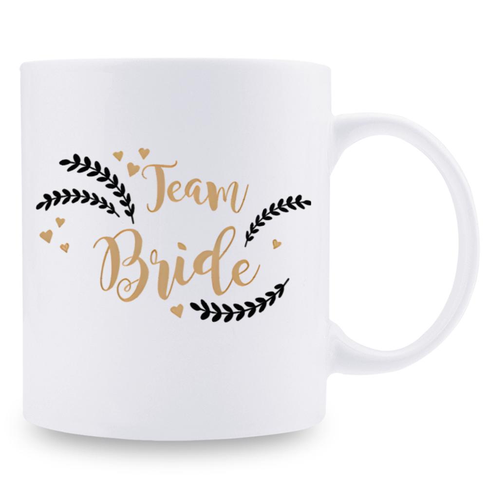 Tailorly White Ceramic 11 oz Mug - Team Bride Elegant Golden Hearts With Delicate Black Leafy Branches Mug