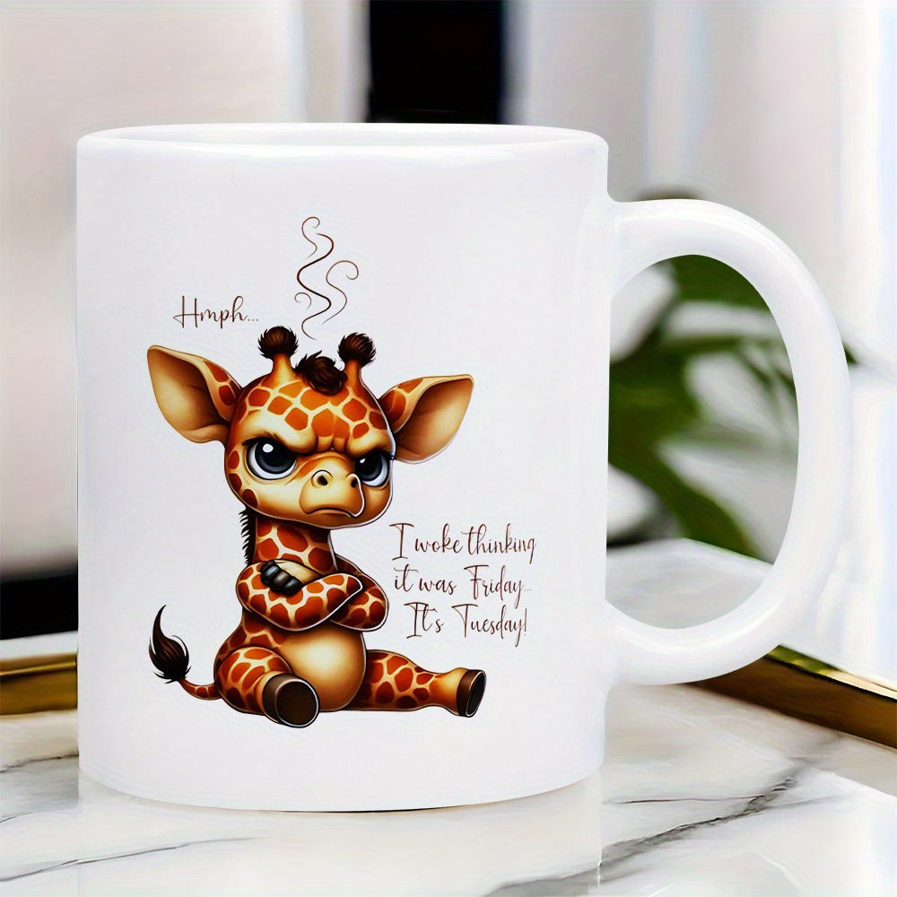 Tailorly White Ceramic 11 oz Mug - Hmph I Woke Up Thinking It Was Friday Its Tuesday Grumpy Cartoon Animal Sitting With Folded Arms Under Wisps Of Steam Giraffe