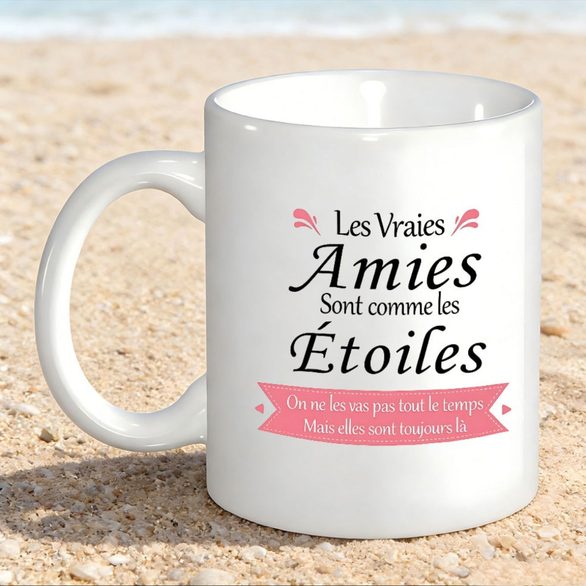Tailorly White Ceramic 11 oz Mug - Minimalist Pink Ribbon With Stylized Decorative Accents On