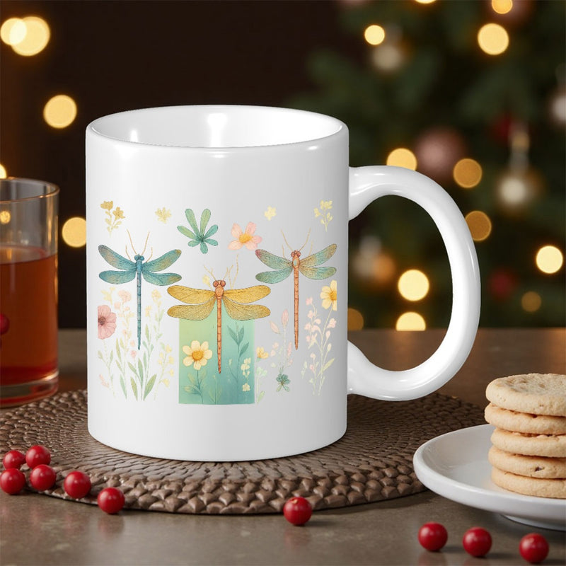 Tailorly White Ceramic 11 oz Mug - Delicate Watercolor Wings Resting Peacefully Among Soft Pastel Meadow Floral Blossoms Dragonfly