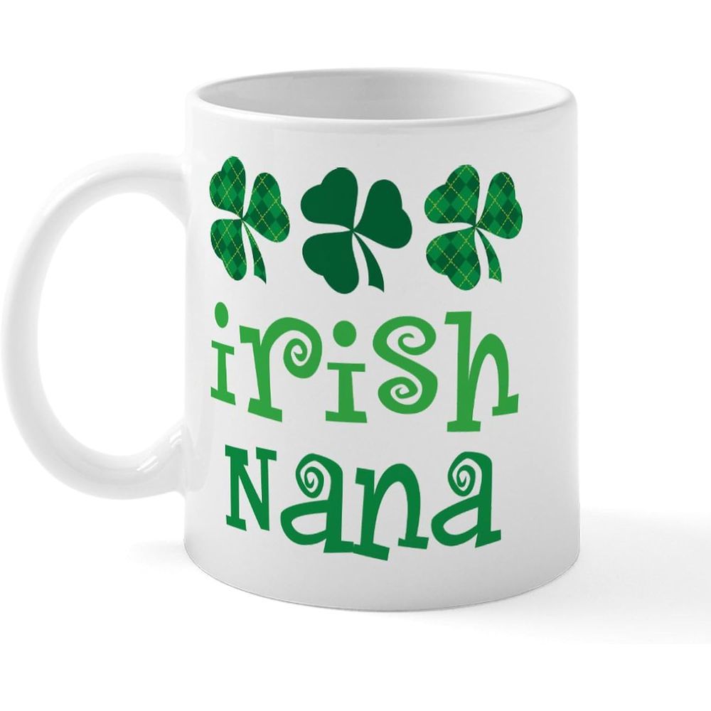 Tailorly White Ceramic 11 oz Mug - Irish Nana Three Green Shamrocks Floating Above Decorative Swirly Emerald Texture Shamrock