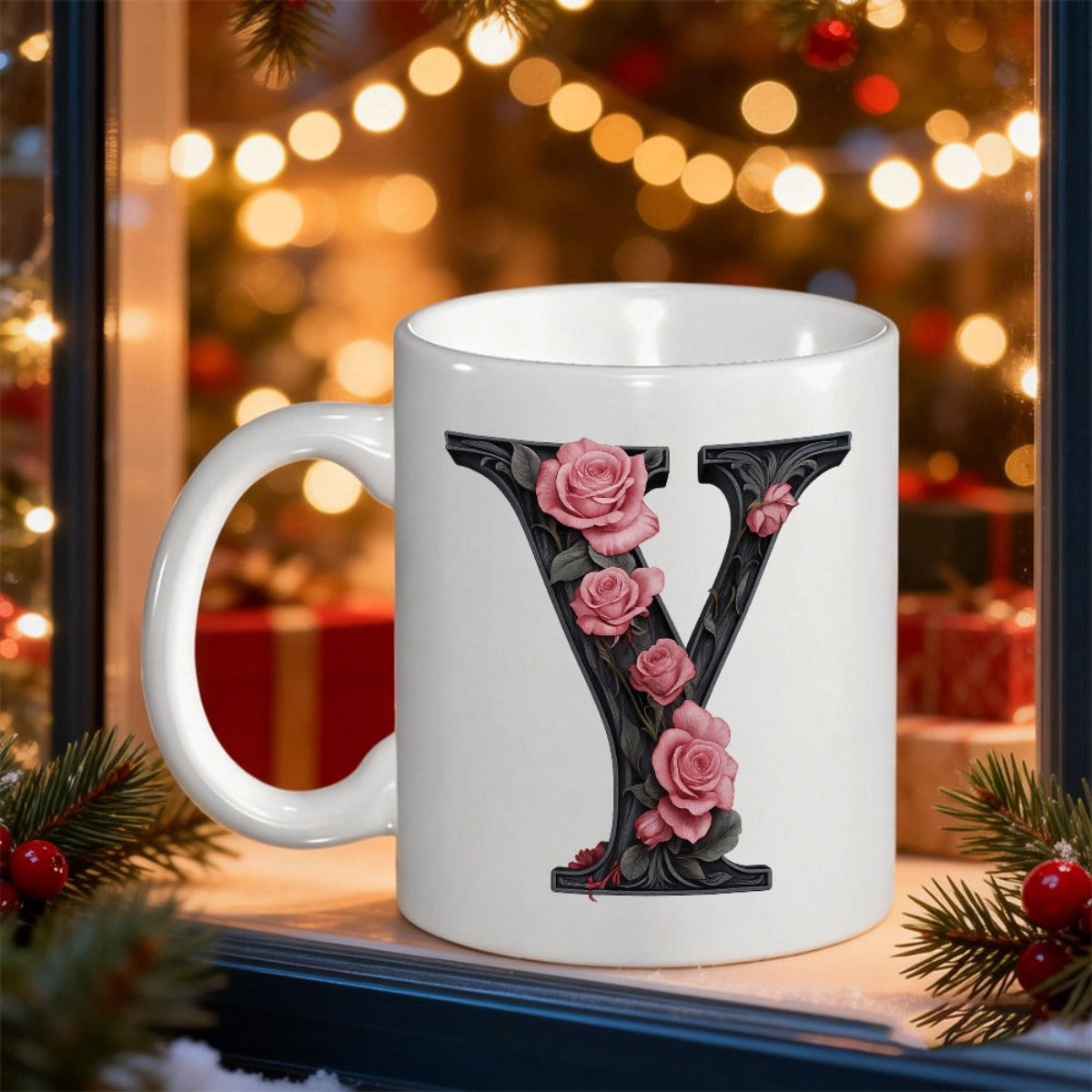 Tailorly White Ceramic 11 oz Mug - Y Elegant Black Serif Decorated With Blooming Pink Roses And Dark Foliage Letter Y