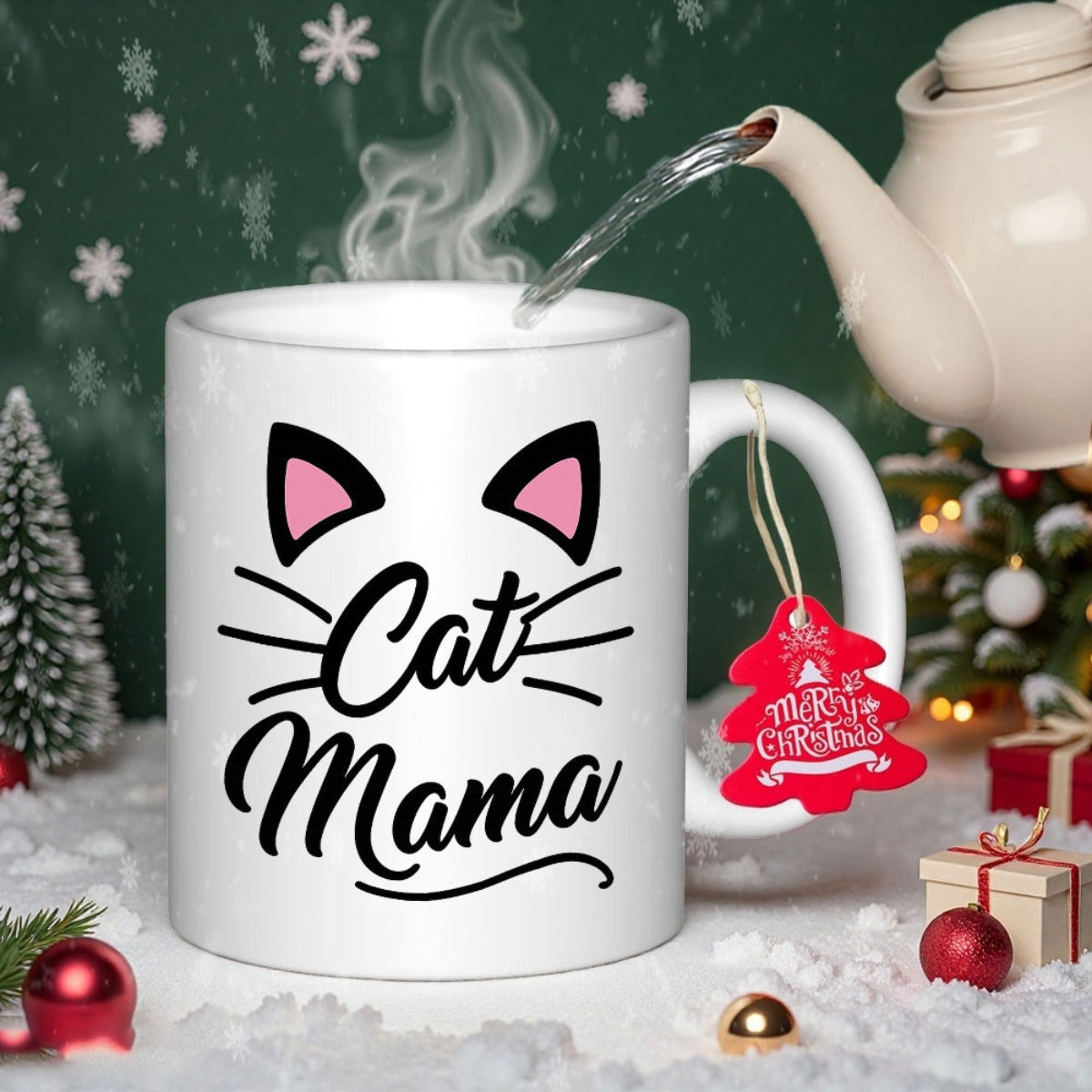 Tailorly White Ceramic 11 oz Mug - Cat Mama Minimalist Pink Ears And Black Whiskers On Ceramic Cat