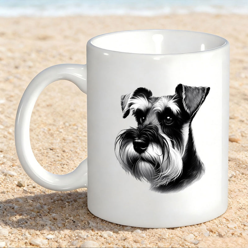 Tailorly White Ceramic 11 oz Mug - Detailed Black And White Realistic Sketch Of A Wise Loyal Pet Schnauzer