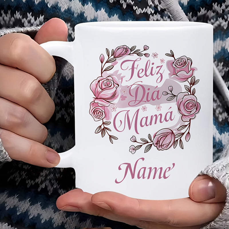 Tailorly White Ceramic 11 oz Mug - Name Beautiful Pink Roses Blossoming In A Symmetrical Delicate Floral Wreath Rose