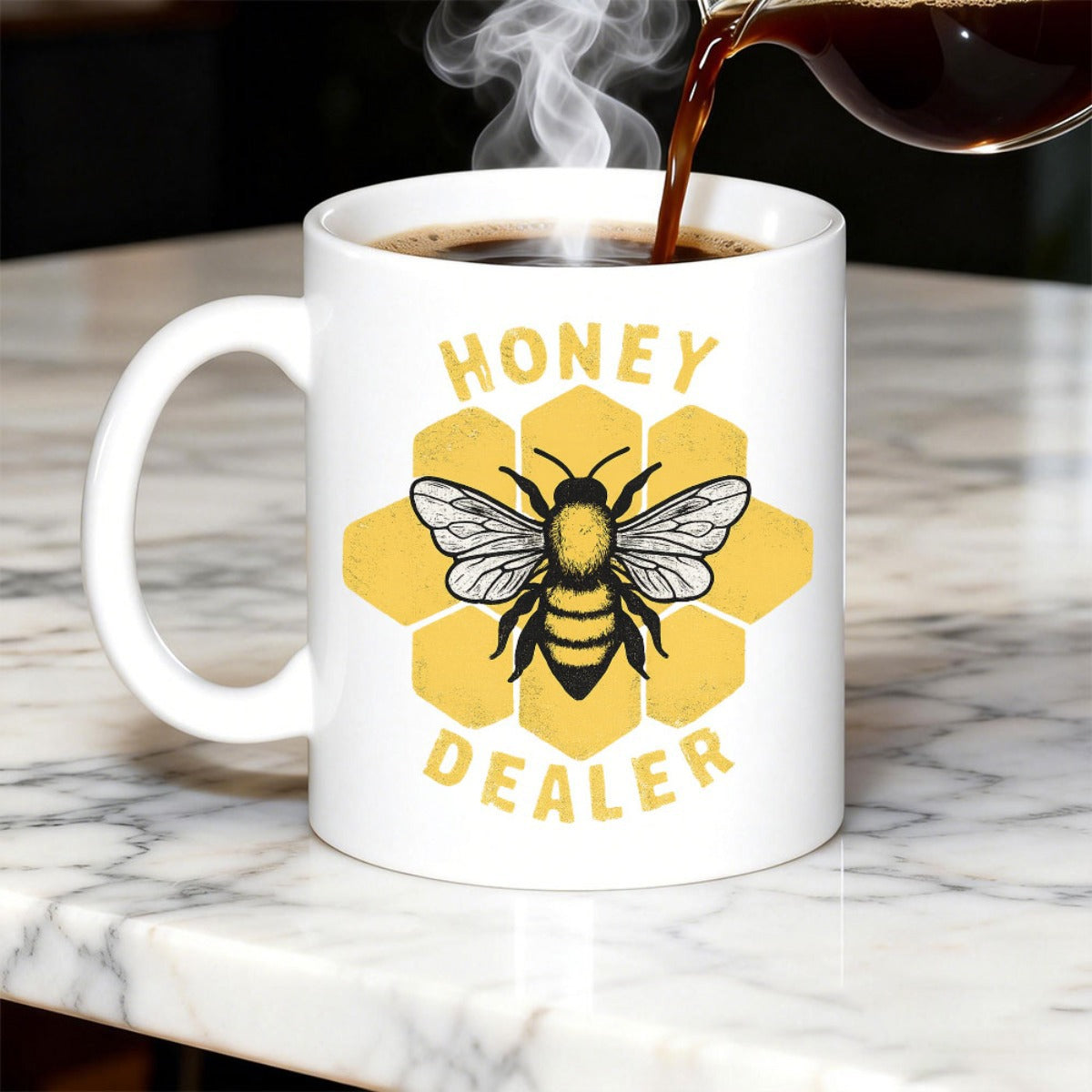 Tailorly White Ceramic 11 oz Mug - Honey Dealer Detailed Honeybee With Spreading Wings Resting On Yellow Geometric Honeycomb Hexagons Bee