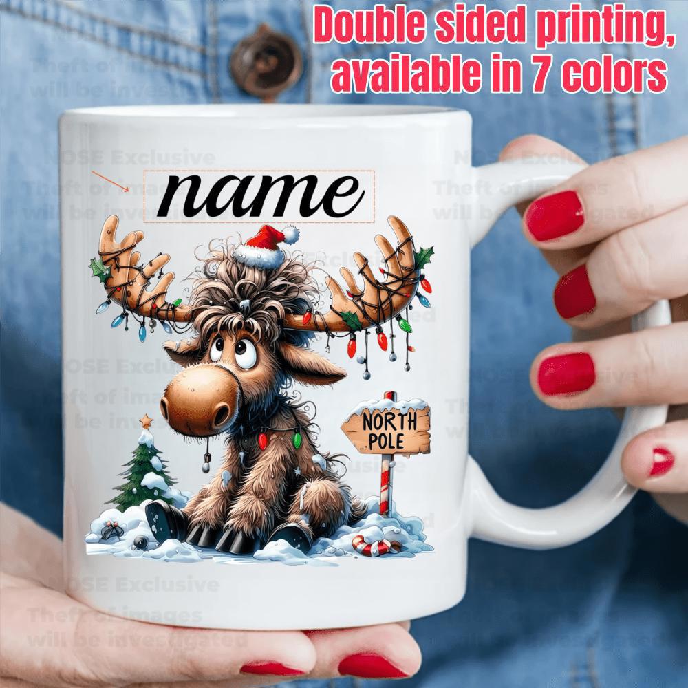 Tailorly White Ceramic 11 oz Mug - North Pole Festive Cartoon Moose With Antlers Wrapped In Colorful Christmas Lights Reindeer