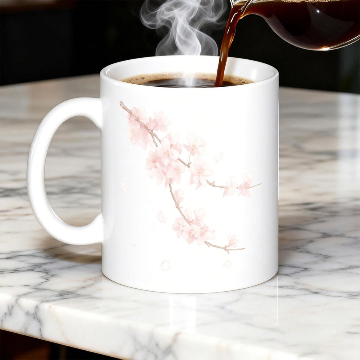 Tailorly White Ceramic 11 oz Mug - Delicate Pink Watercolor Petals On A Graceful Spring Tree Branch Cherry Blossom