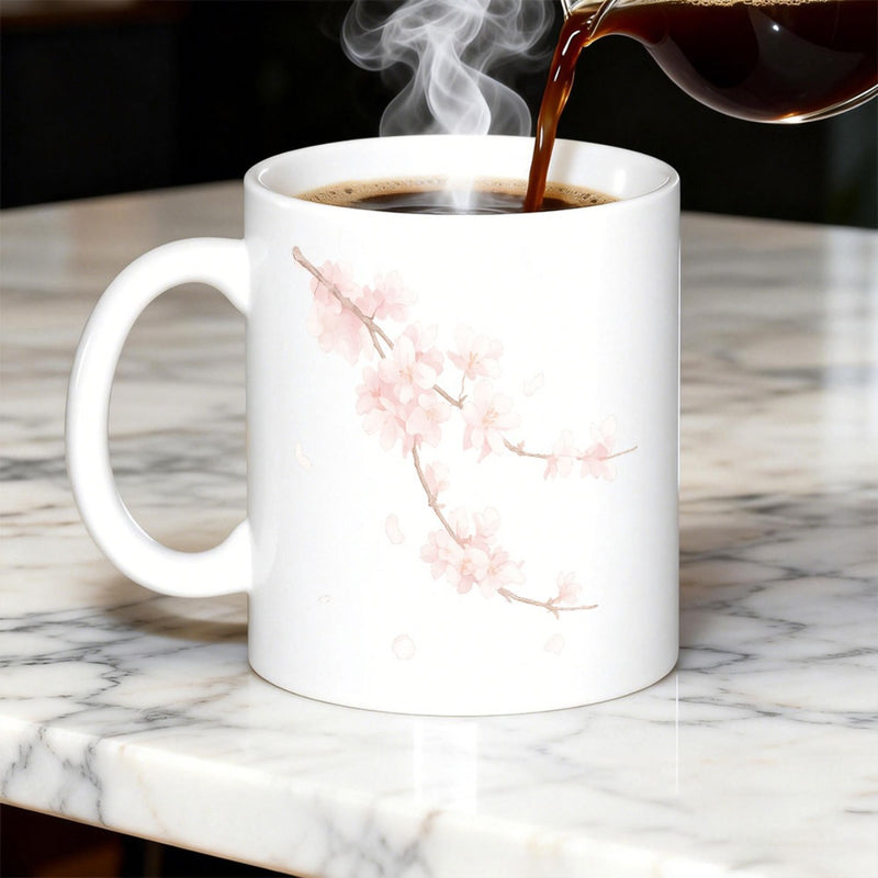 Tailorly White Ceramic 11 oz Mug - Delicate Pink Watercolor Petals On A Graceful Spring Tree Branch Cherry Blossom