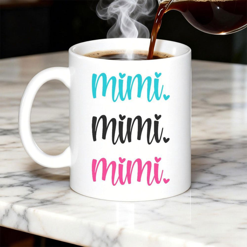Tailorly White Ceramic 11 oz Mug - Mimi Mimi Mimi Repeated Script Typography Decorated With Delicate Hearts In Colorful Tones Mug