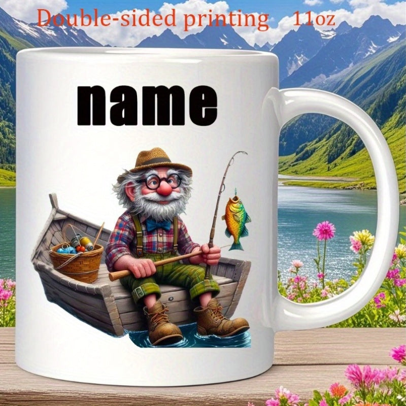 Tailorly White Ceramic 11 oz Mug - Name Happy Elderly Man Sitting In A Small Boat Holding Fishing Rod Fisherman