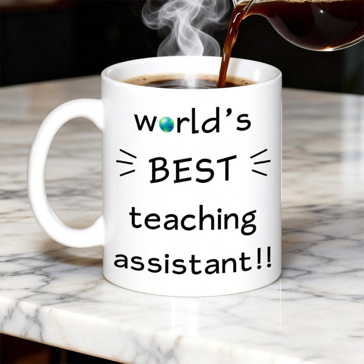Tailorly White Ceramic 11 oz Mug - Worlds Best Teaching Assistant Minimalist Globe Graphic With Simple Lines On A Glossy Ceramic Surface Mug