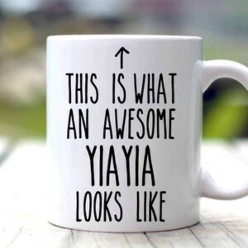 Tailorly White Ceramic 11 oz Mug - This Is What An Awesome Yiayia Looks Like Minimalist Black Ink Arrow Pointing Upwards Above Simple Handdrawn Typography Arrow