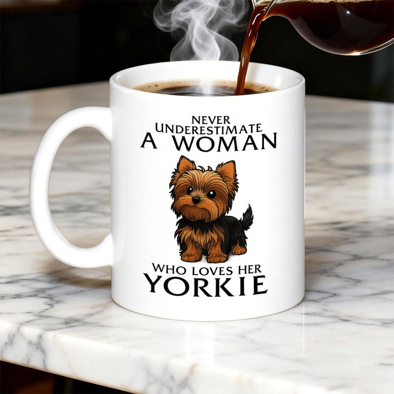 Tailorly White Ceramic 11 oz Mug - Never Underestimate A Woman Who Loves Her Yorkie Adorable Small Brown Dog With Fluffy Fur And Big Eyes Yorkie