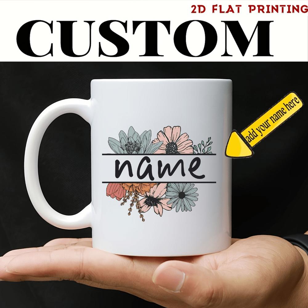 Tailorly White Ceramic 11 oz Mug - Custom Name Elegant Hand Drawn Floral Elements Split By Horizontal Parallel Lines Mug