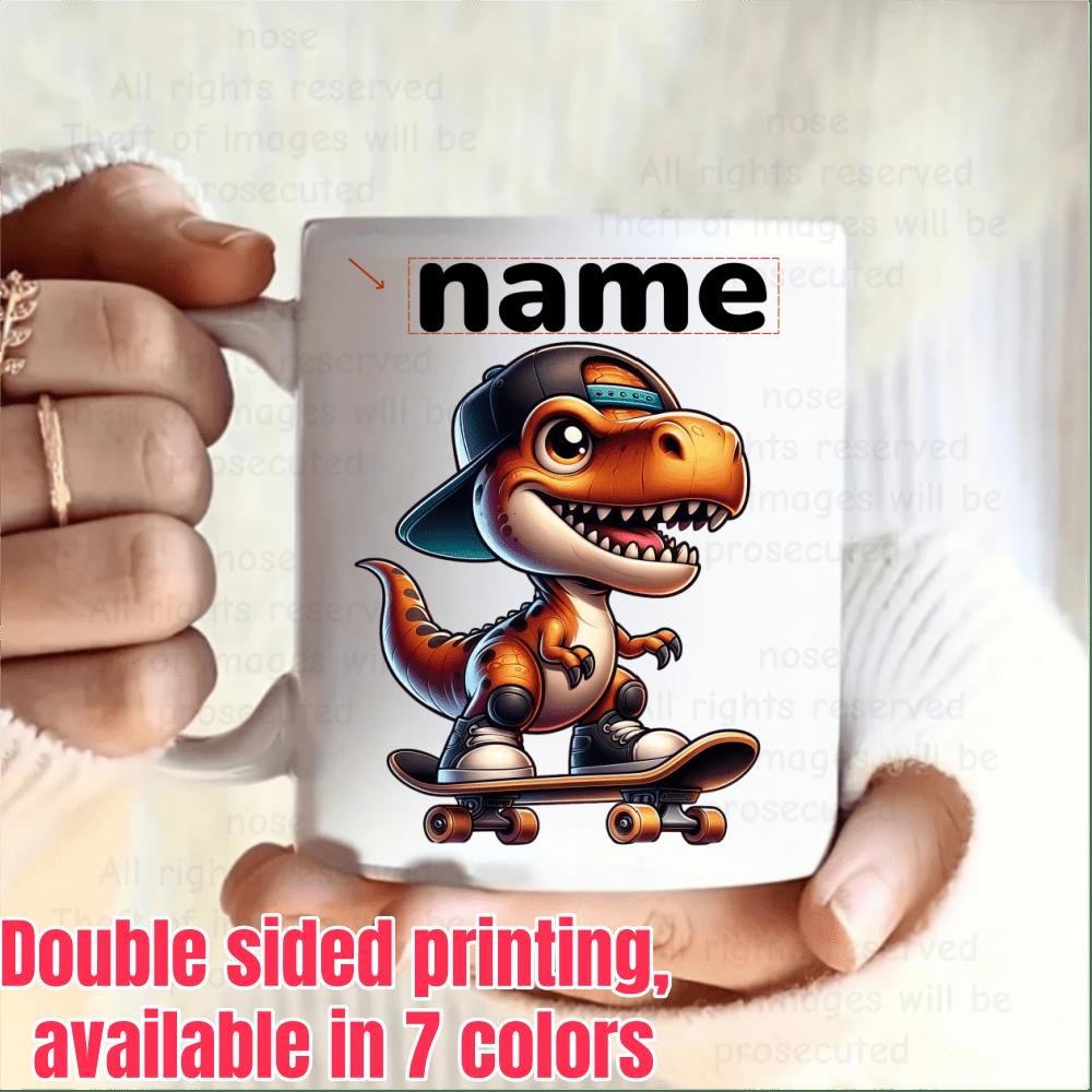 Tailorly White Ceramic 11 oz Mug - Name Adorable Cartoon Creature Wearing Cap Riding A Small Wooden Skateboard Dinosaur