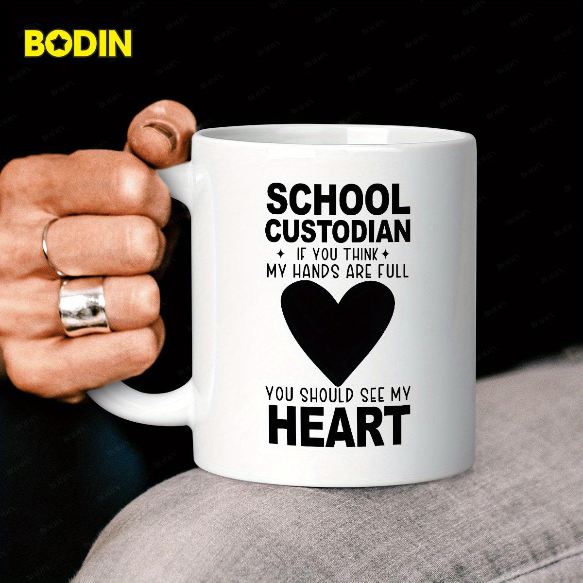 Tailorly White Ceramic 11 oz Mug - School Custodian If You Think My Hands Are Full You Should See My Heart Simple Black Silhouette Symbolizing Dedication And Pure