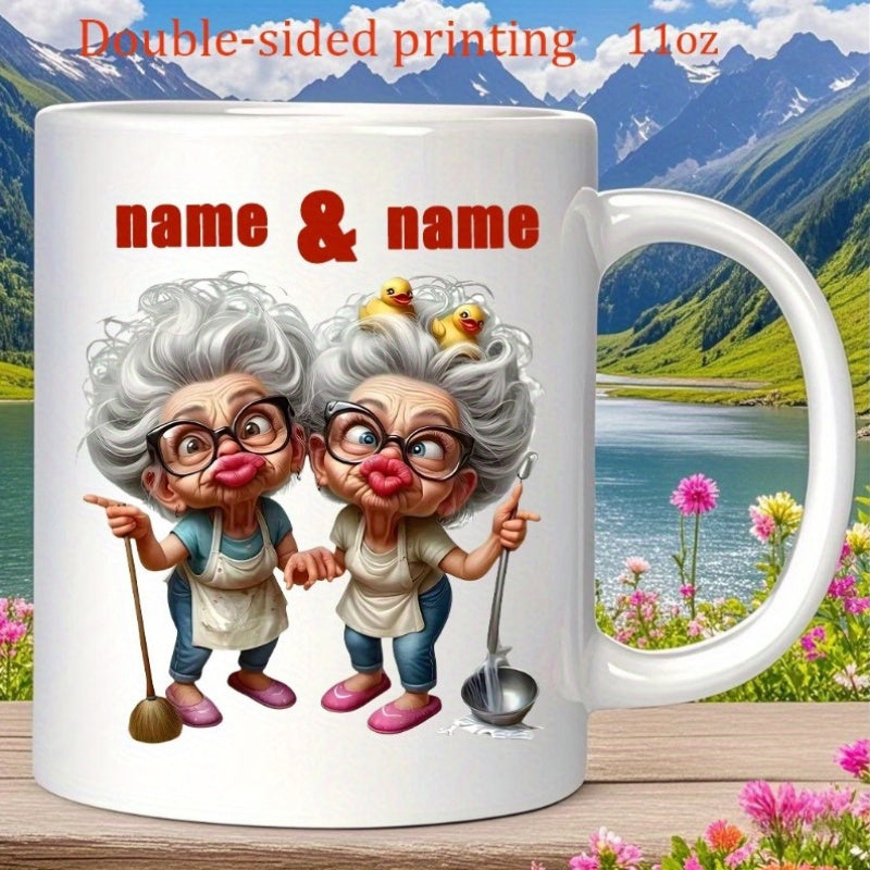 Tailorly White Ceramic 11 oz Mug - Name And Name Two Funny Elderly Ladies Wearing Aprons Holding Kitchen Tools Cartoon Grandmother