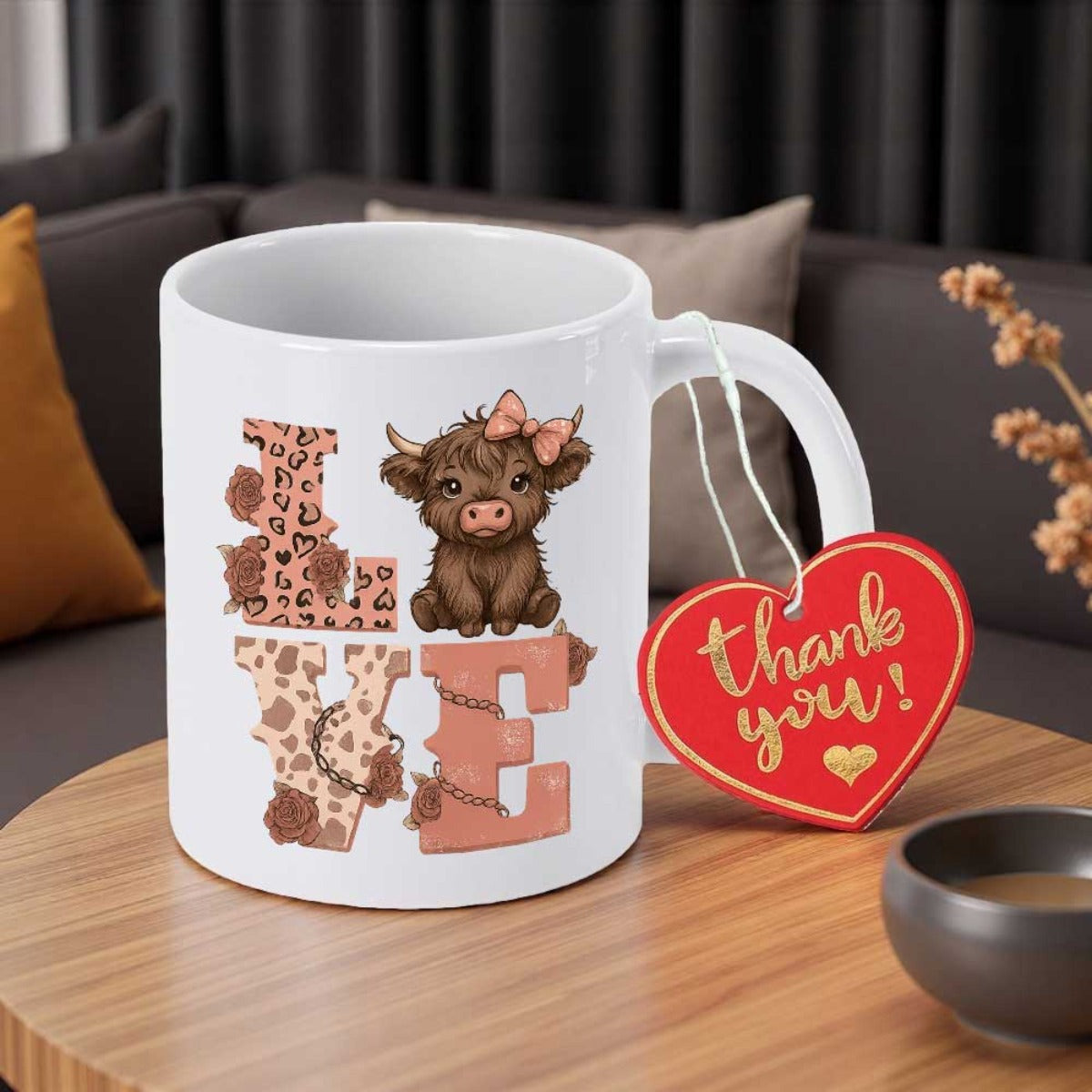 Tailorly White Ceramic 11 oz Mug - Love Thank You Adorable Fluffy Highland Cow Sitting With Pink Bow Among Decorative Letters Highland Cow