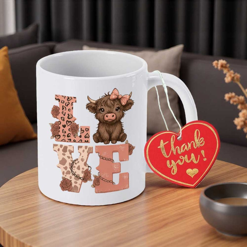 Tailorly White Ceramic 11 oz Mug - Love Thank You Adorable Fluffy Highland Cow Sitting With Pink Bow Among Decorative Letters Highland Cow
