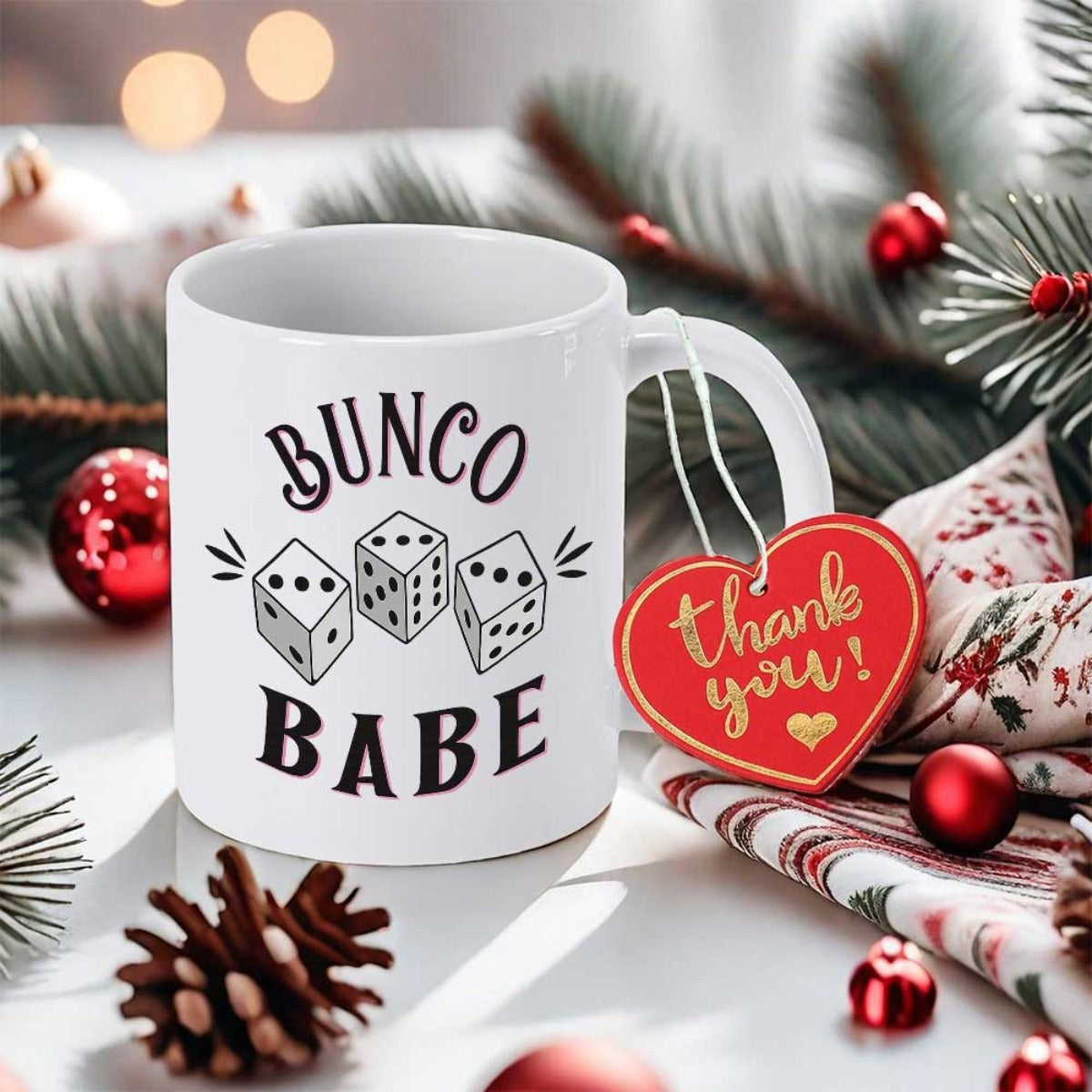 Tailorly White Ceramic 11 oz Mug - Bunco Babe Three Classic Gaming Dice Centered Between Minimalist Decorative Side Accents Dice