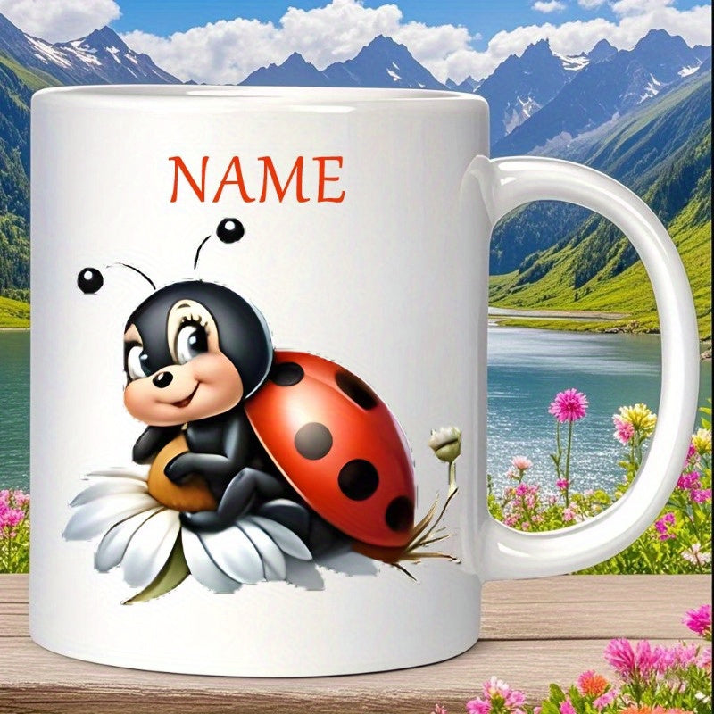Tailorly White Ceramic 11 oz Mug - Name Cute Cartoon Insect Sitting On A White Petal Daisy Flower Ladybug