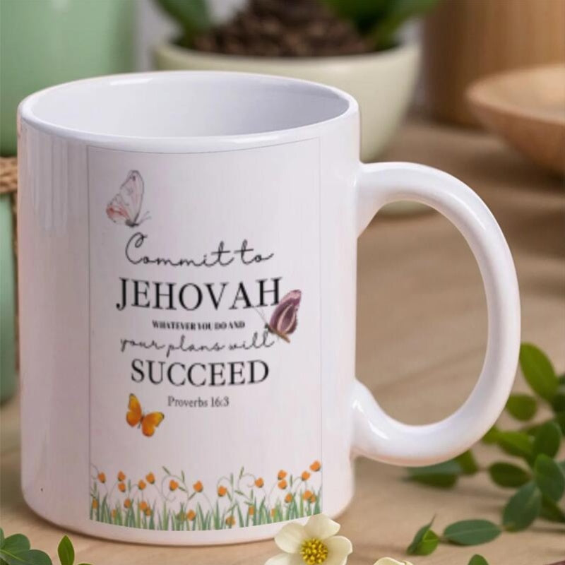 Tailorly White Ceramic 11 oz Mug - Commit To Jehovah Your Plans Will Succeed Proverbs 16 3 Elegant Delicate Wings Flying Over Beautiful Blooming Spring Meadow