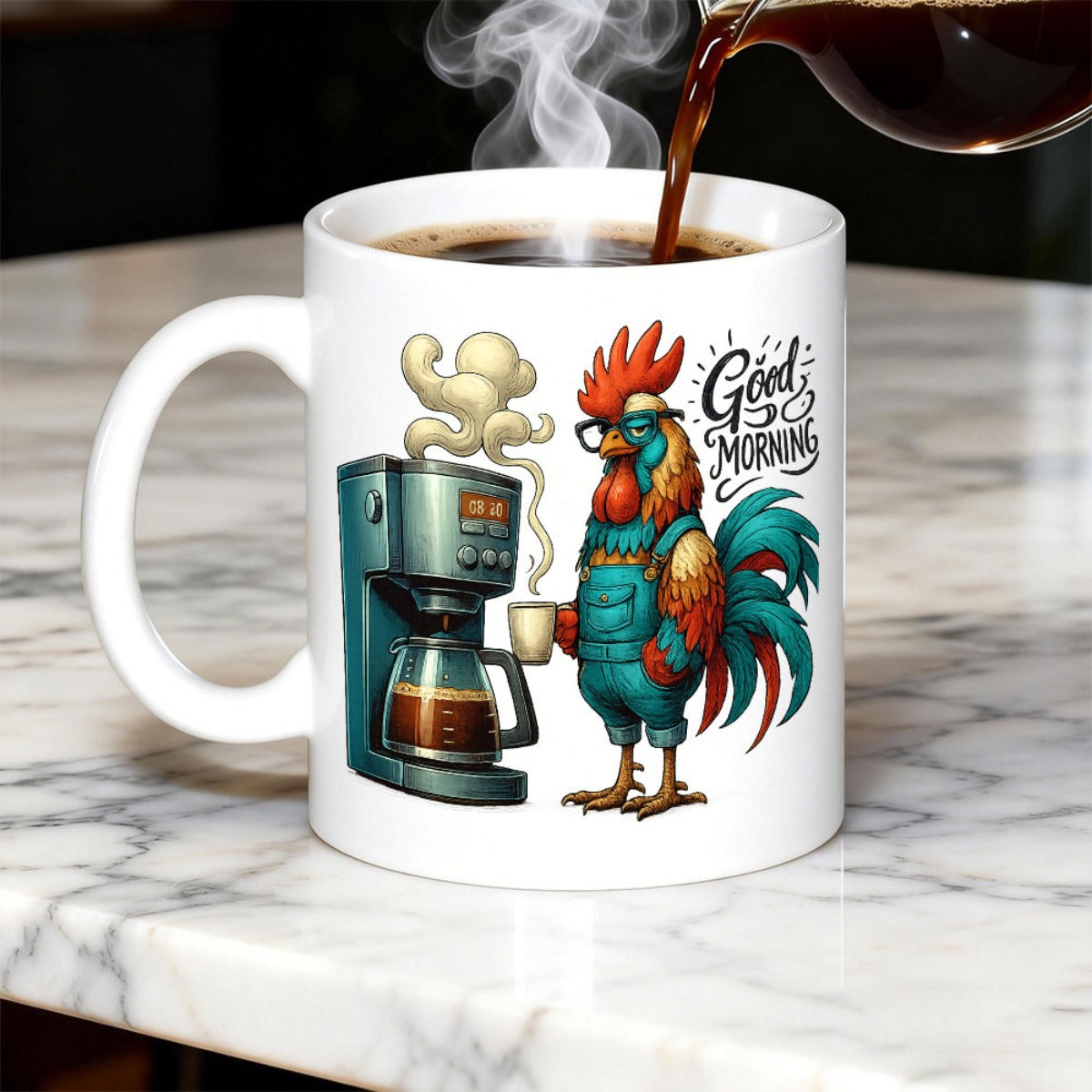 Tailorly White Ceramic 11 oz Mug - Good Morning Fashionable Character Wearing Glasses Next To Steaming Pot Rooster