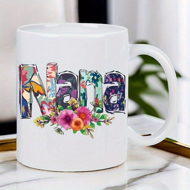 Tailorly White Ceramic 11 oz Mug - Nana Vibrant Floral Pattern Within Decorative Letters Featuring Colorful Blooming Garden Petals Flower