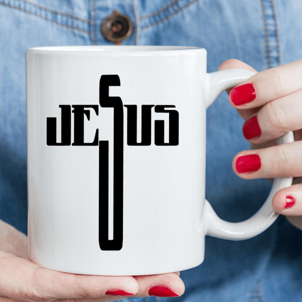 Tailorly White Ceramic 11 oz Mug - Jesus Bold Minimalist Black Typography Forming A Religious Christian Symbol Cross
