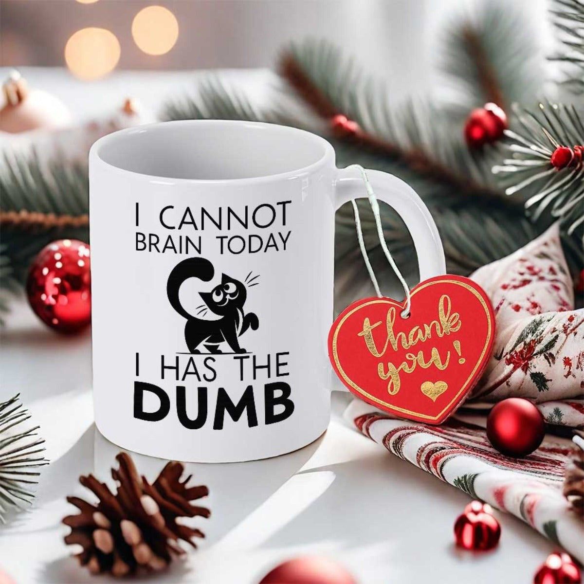 Tailorly White Ceramic 11 oz Mug - I Cannot Brain Today I Has The Dumb Playful Black Kitten With Curled Tail Showing Silly Confusion Expression Cat
