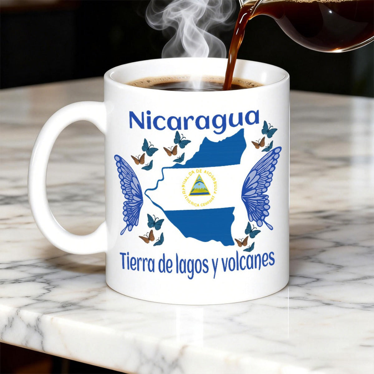 Tailorly White Ceramic 11 oz Mug - Nicaragua Vibrant Blue Butterflies Fluttering Around National Flag Patterned Country Silhouette Map