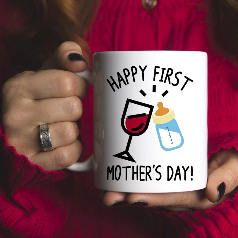 Tailorly White Ceramic 11 oz Mug - Happy First Mothers Day Clinking Wine Glass And Baby Bottle Celebrating Special Occasion Milestone Mug