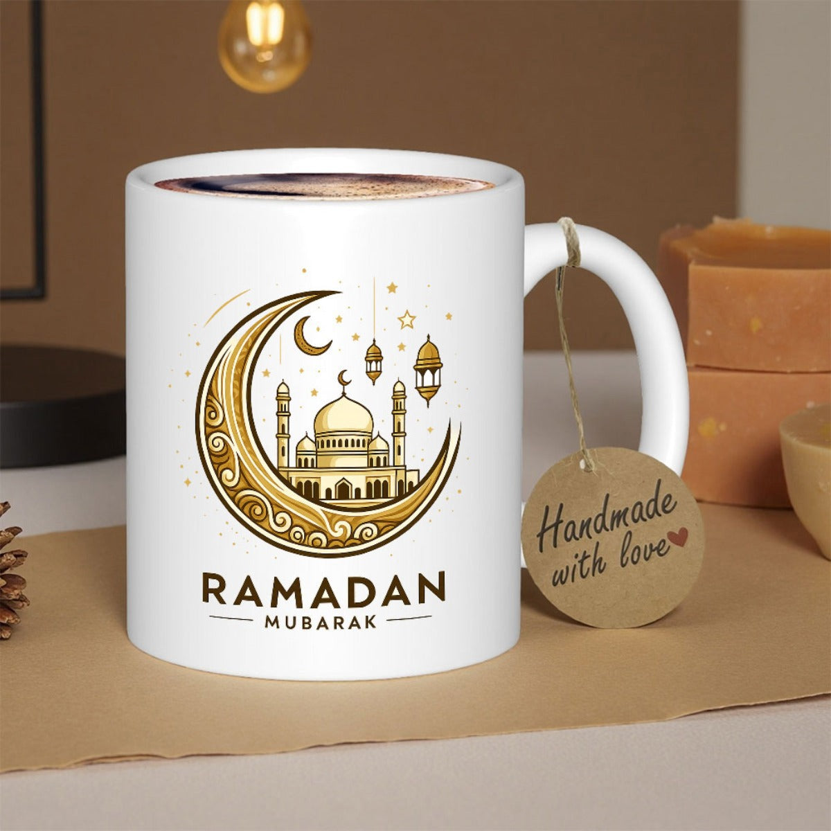 Tailorly White Ceramic 11 oz Mug - Ramadan Mubarak Golden Decorative Crescent Moon Surrounding A Majestic Architectural Sacred Mosque