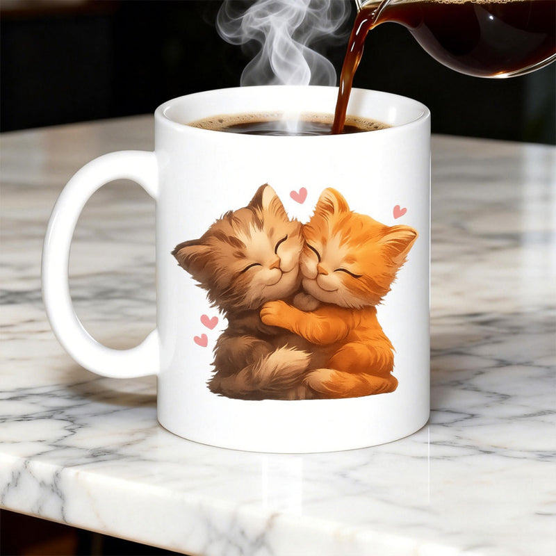 Tailorly White Ceramic 11 oz Mug - Two Adorable Fluffy Little Animals Hugging Among Tiny Pink Hearts Kittens